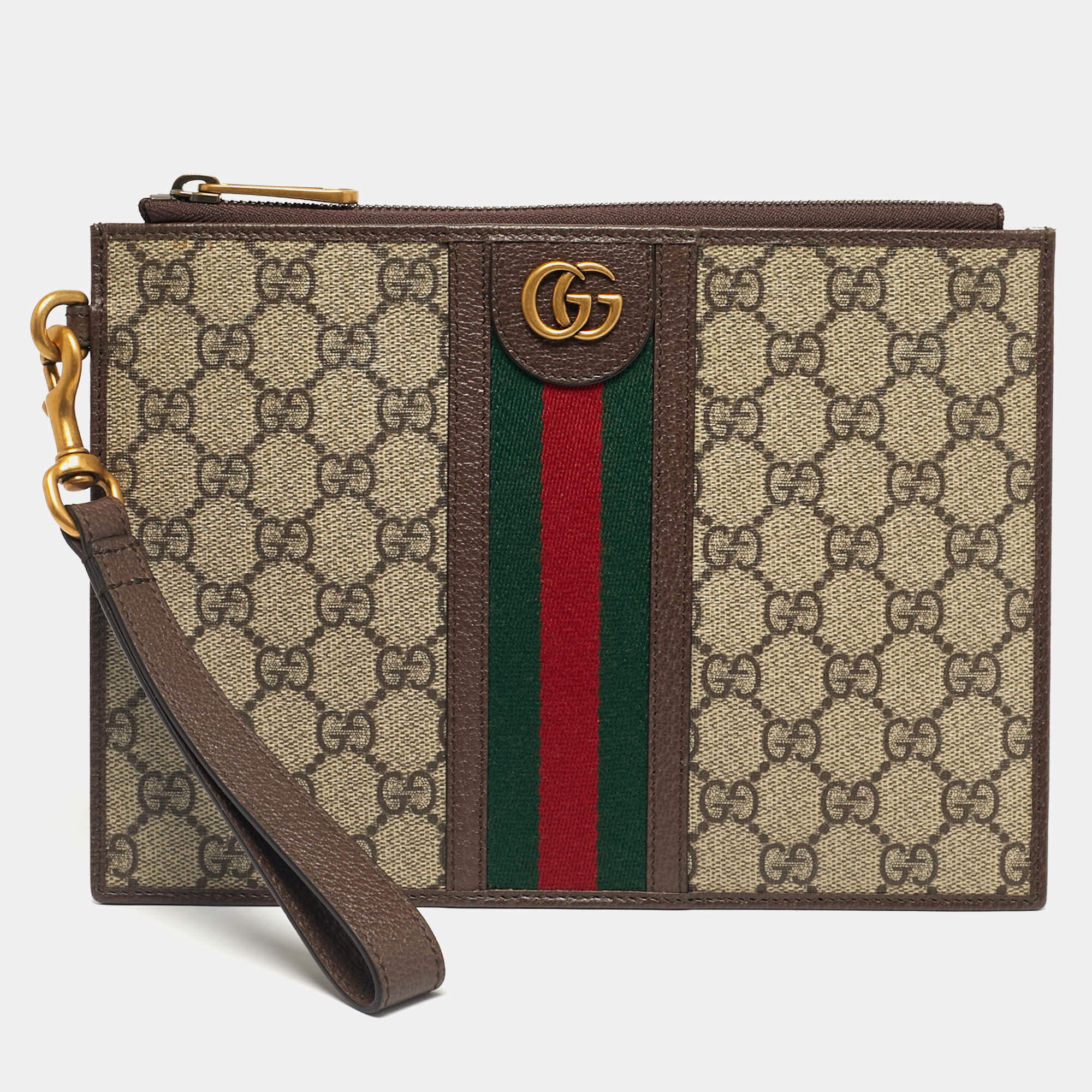 Pre Owned Gucci Beige/Ebony GG Supreme Canvas and Leather Ophidia Pouch