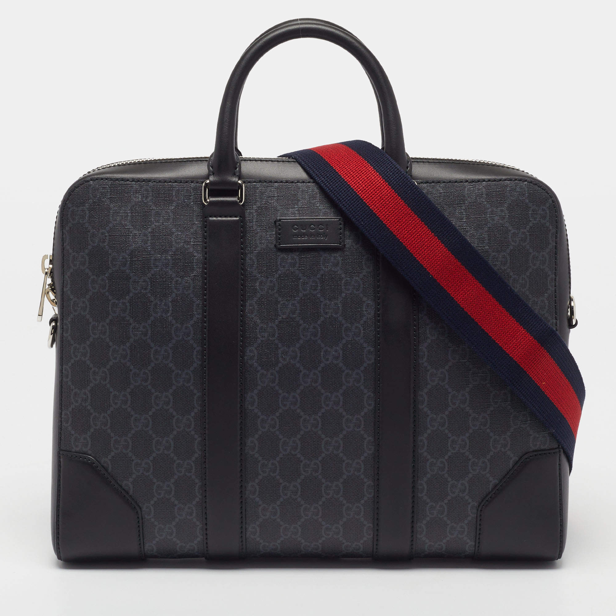 Pre Owned Gucci Black/Grey GG Supreme Canvas and Leather Briefcase