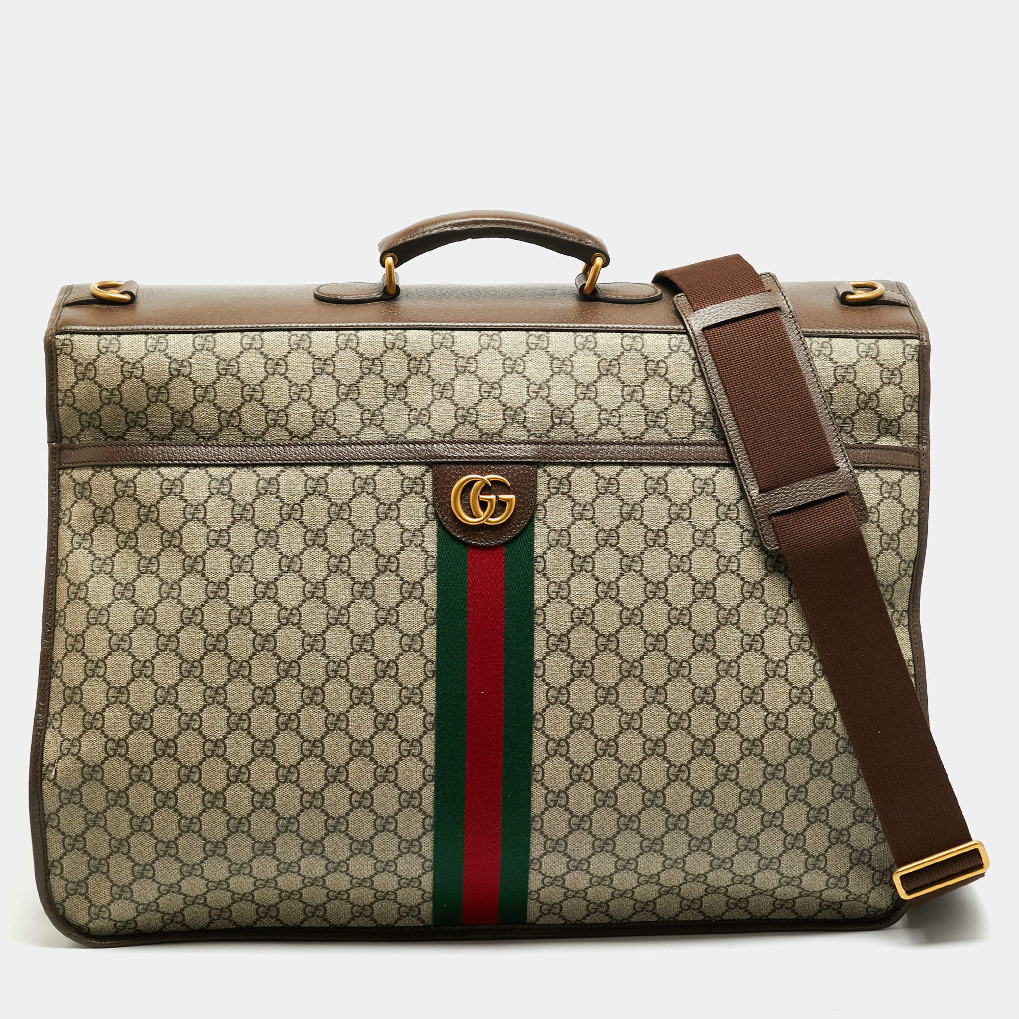 Pre Owned Gucci Savoy Beige/Ebony GG Supreme Canvas and Leather Garment Suitcase