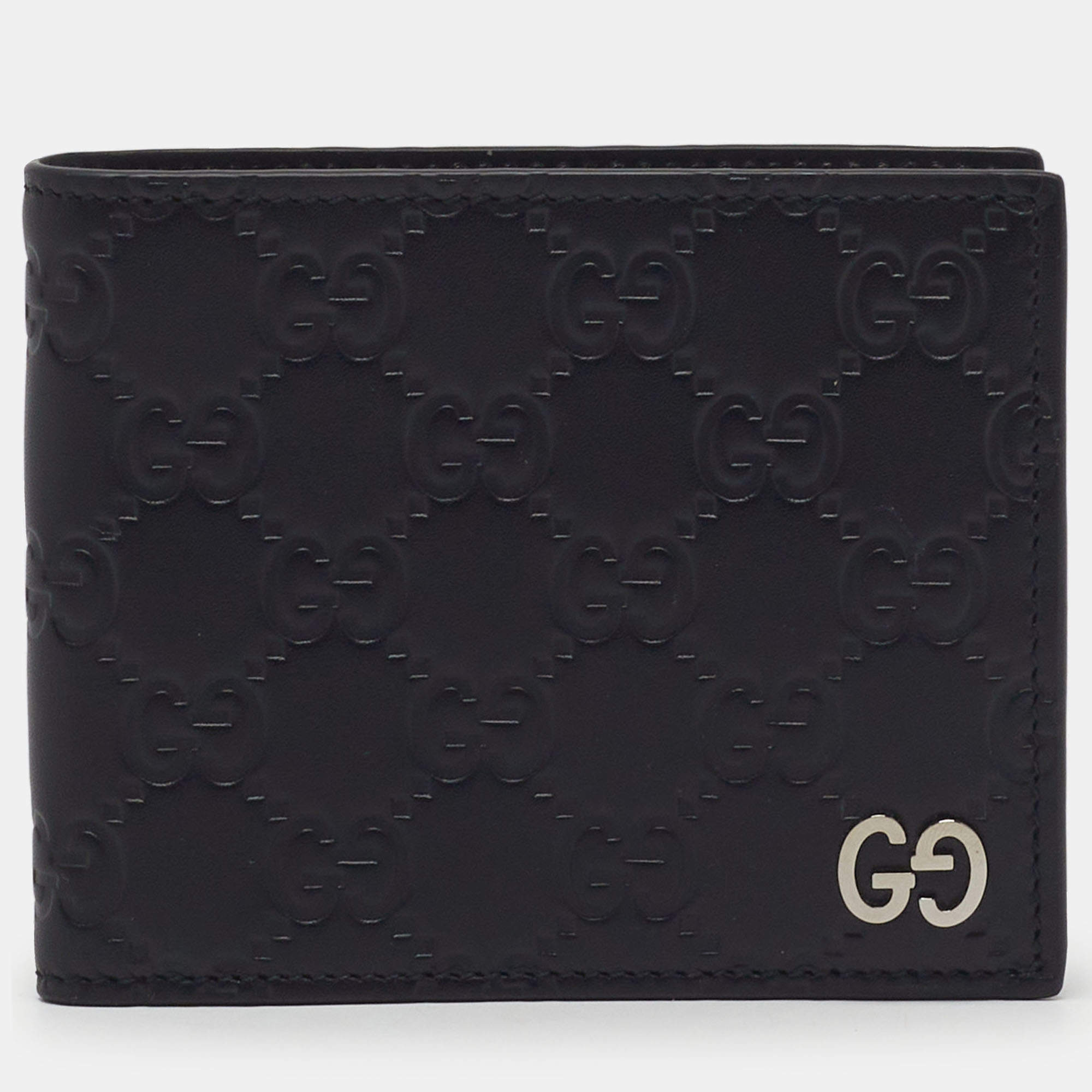 Pre Owned Gucci Interlocking G Black Guccissima Leather Bifold Wallet