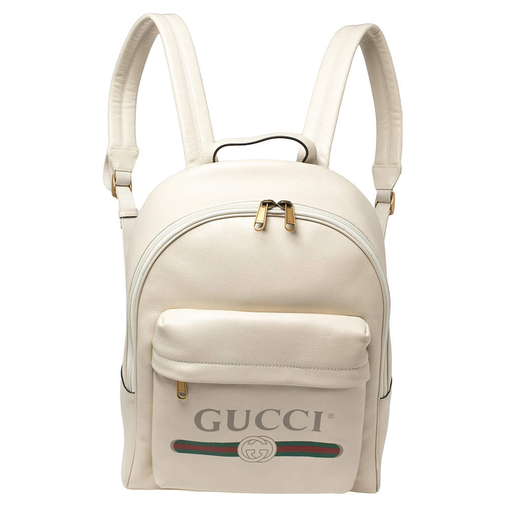 Gucci Off White Leather Logo Print Backpack