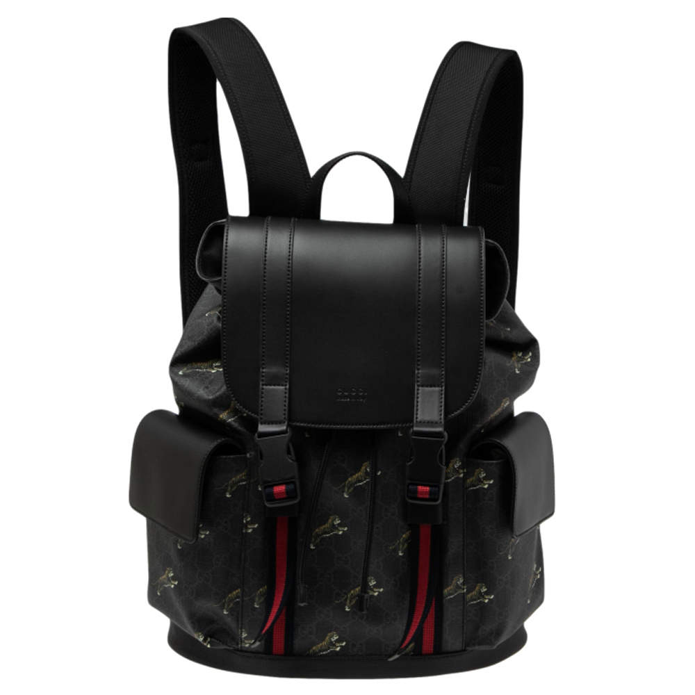 Gucci Black/Grey GG Supreme Canvas And Leather Bestiary Drawstring Backpack