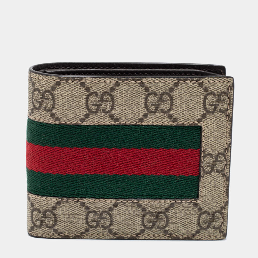 Pre Owned Gucci Beige GG Supreme Canvas Web Bifold Wallet 