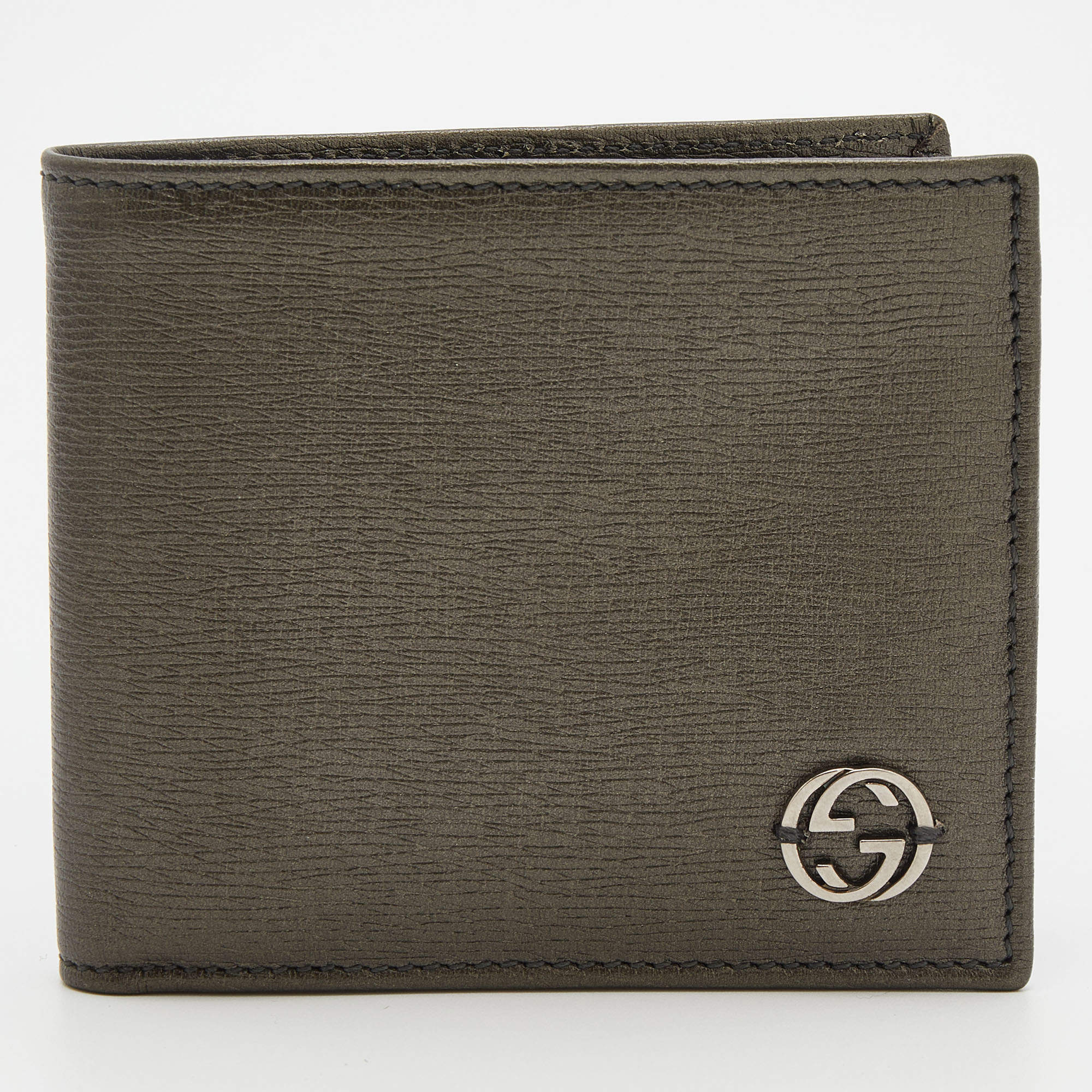 Pre Owned Gucci Olive Green Leather Interlocking G Bifold wallet