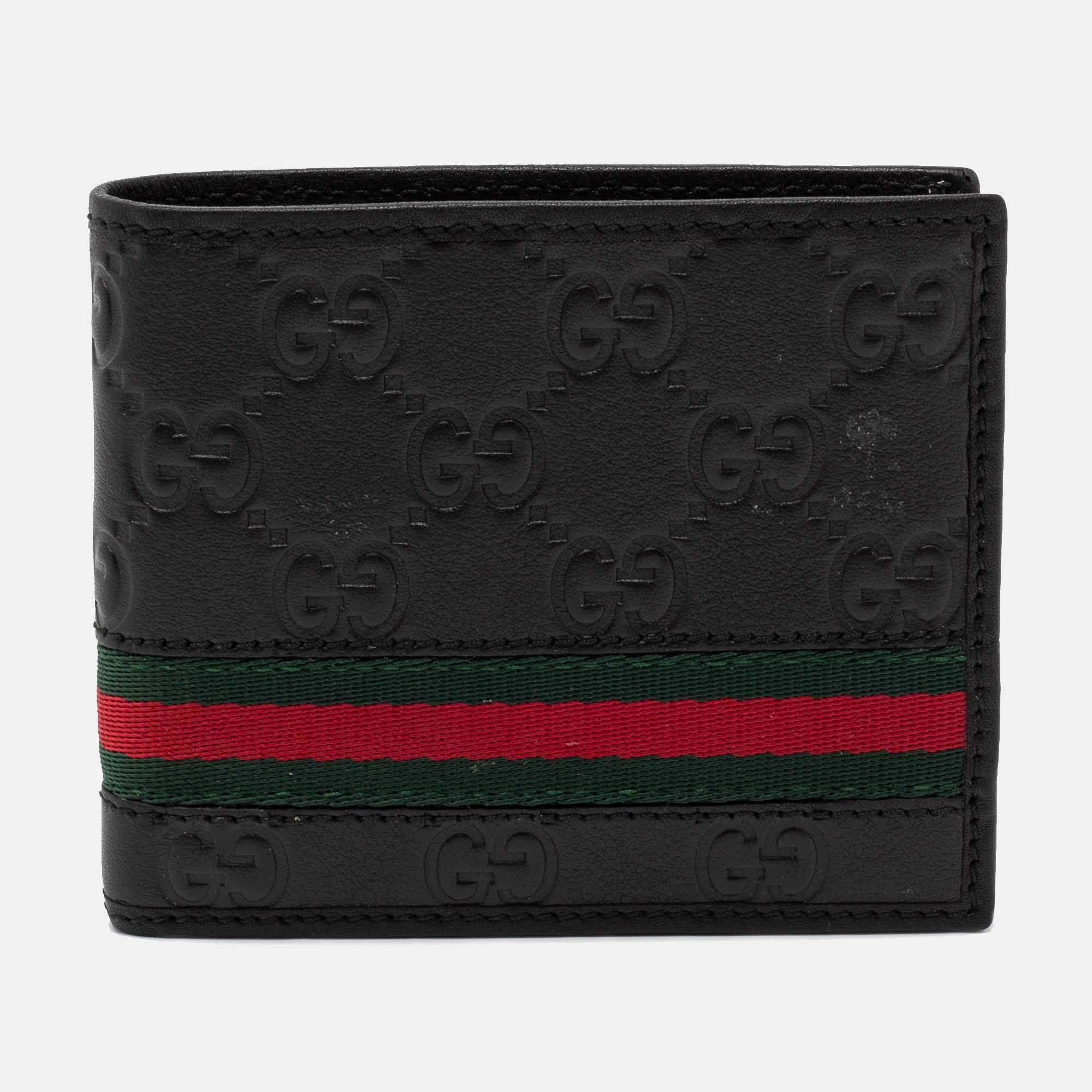 Pre Owned Gucci Black Guccissima Leather Web Bifold Wallet