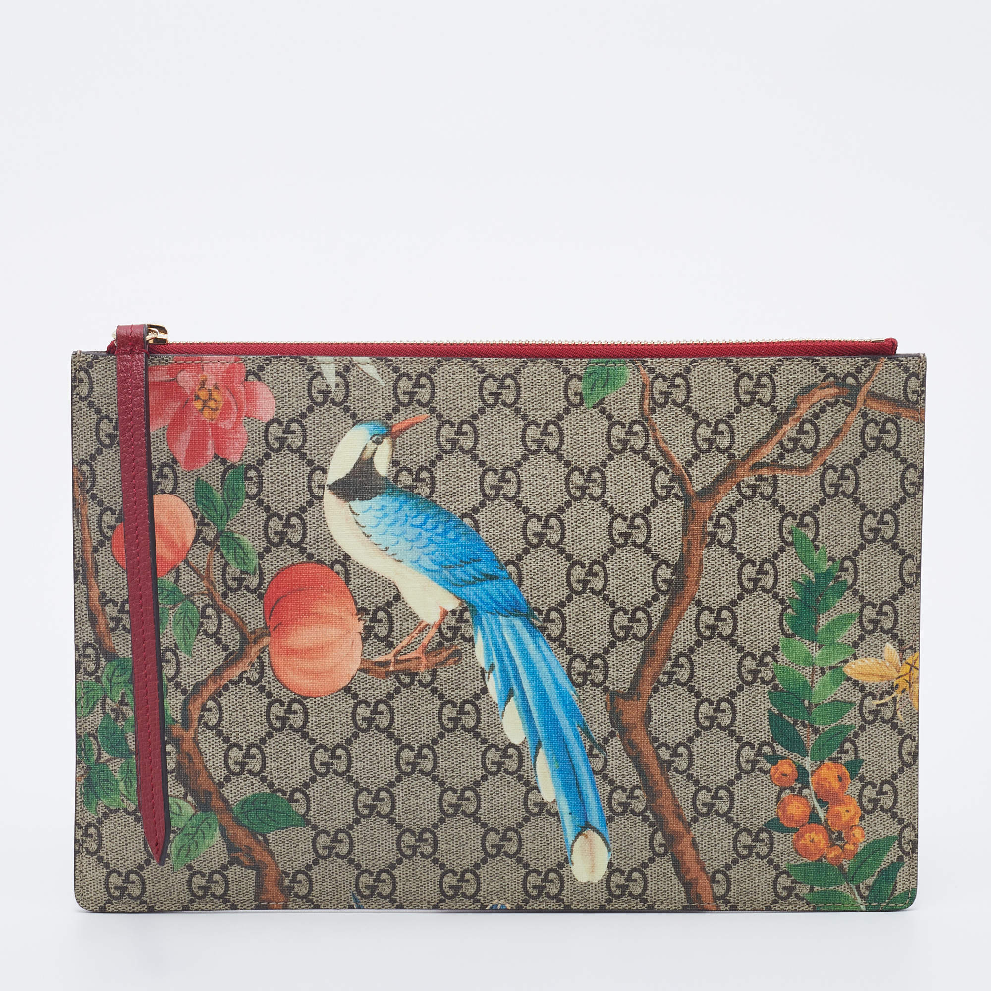 Gucci Beige/Red GG Supreme Canvas And Leather Large Tian Zip Pouch
