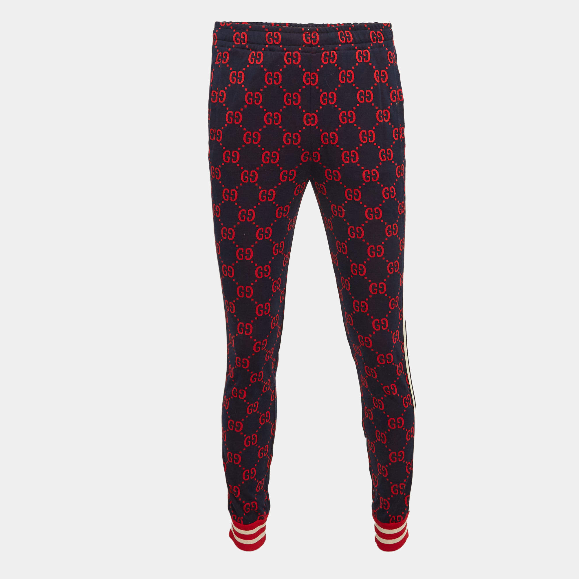 Pre Owned Gucci Navy Blue/Red GG Web Jacquard Knit Joggers S
