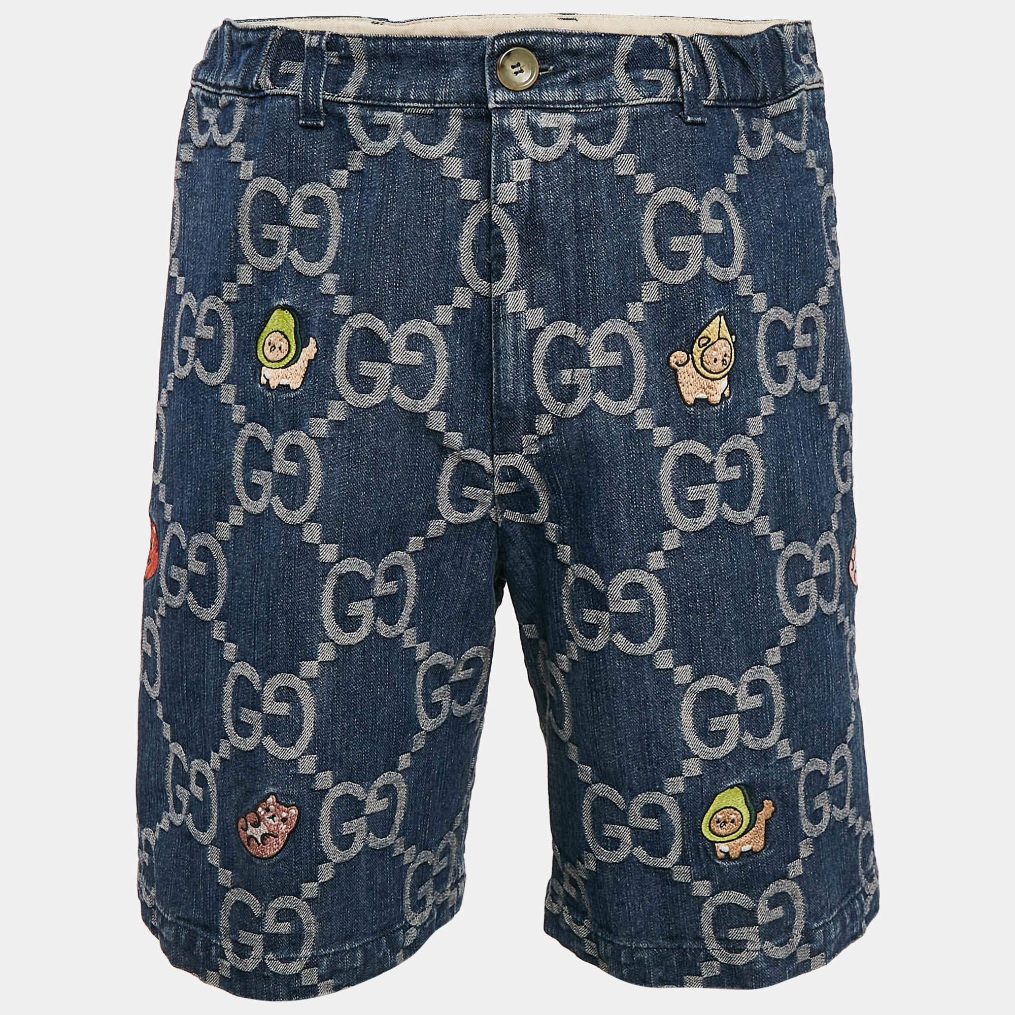 Pre Owned Gucci Blue Jumbo GG Supreme Denim Embroidered Shorts M