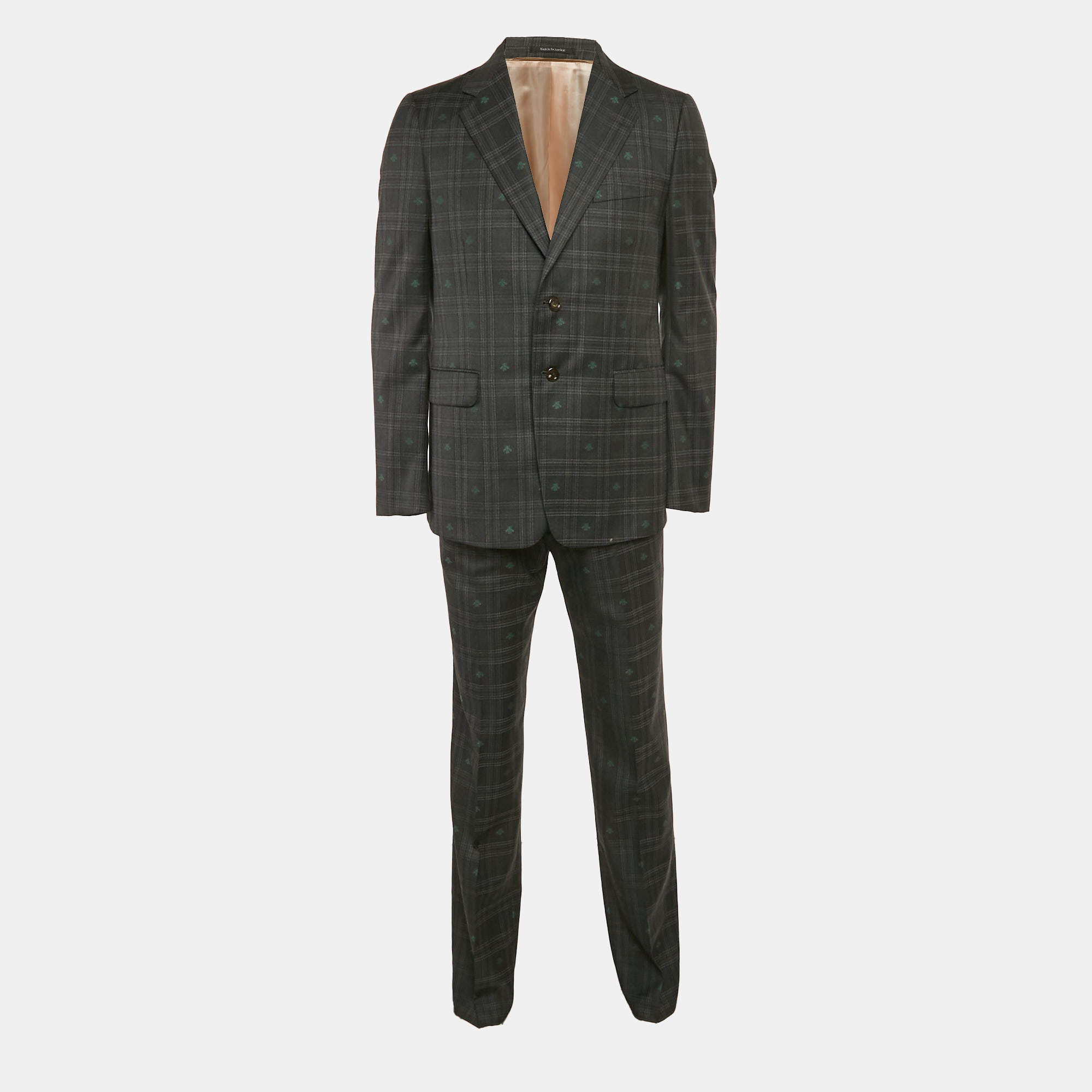 Pre Owned Gucci Grey Bee Flannel Wool Single Breasted Pants Suit L