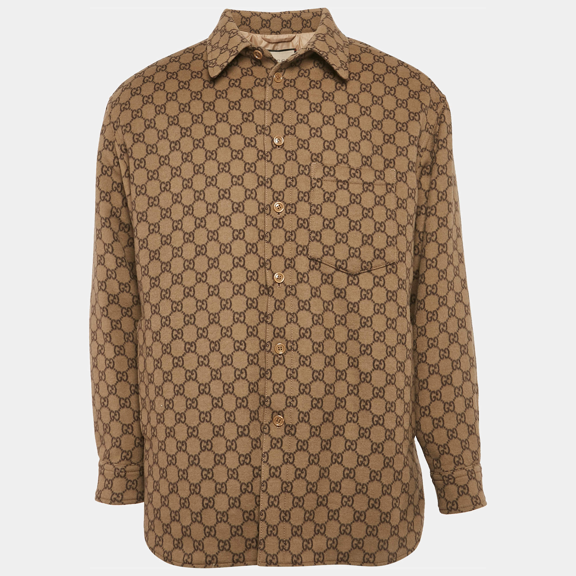 Gucci Camel Brown Brushed GG Flannel Wool Button Front Jacket S