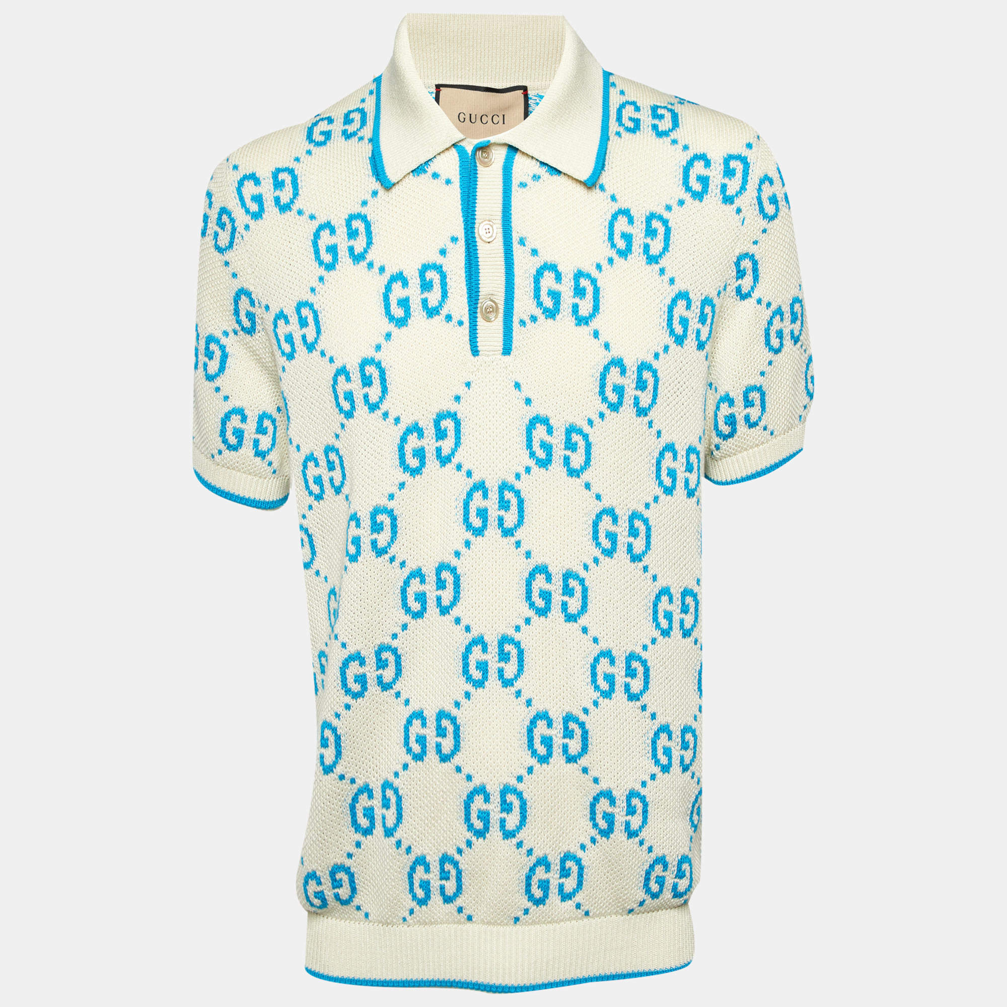 Pre Owned تي شيرت بولو غوتشي قطن ناعم أبيض GG مقاس متوسط