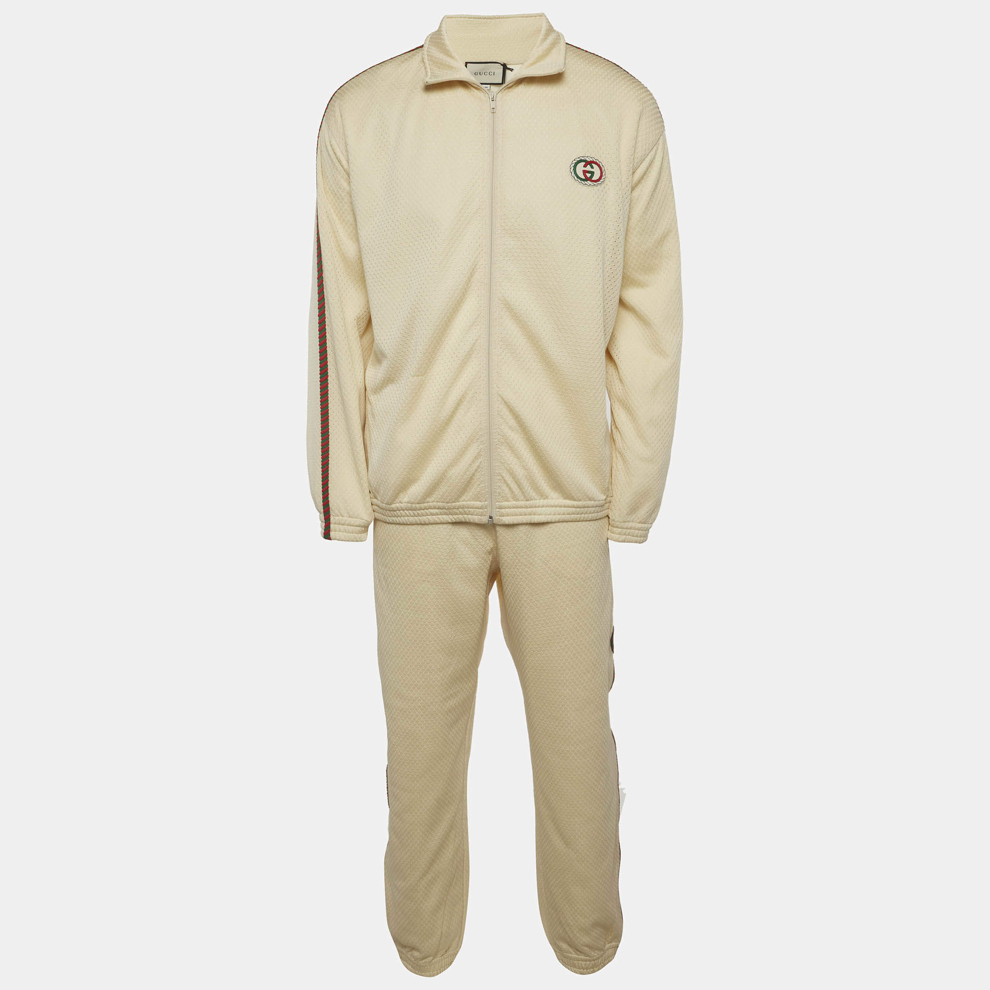 Pre Owned Gucci Cream Knit GG Patch Braided Trim Track Jacket And Joggers Set XXL