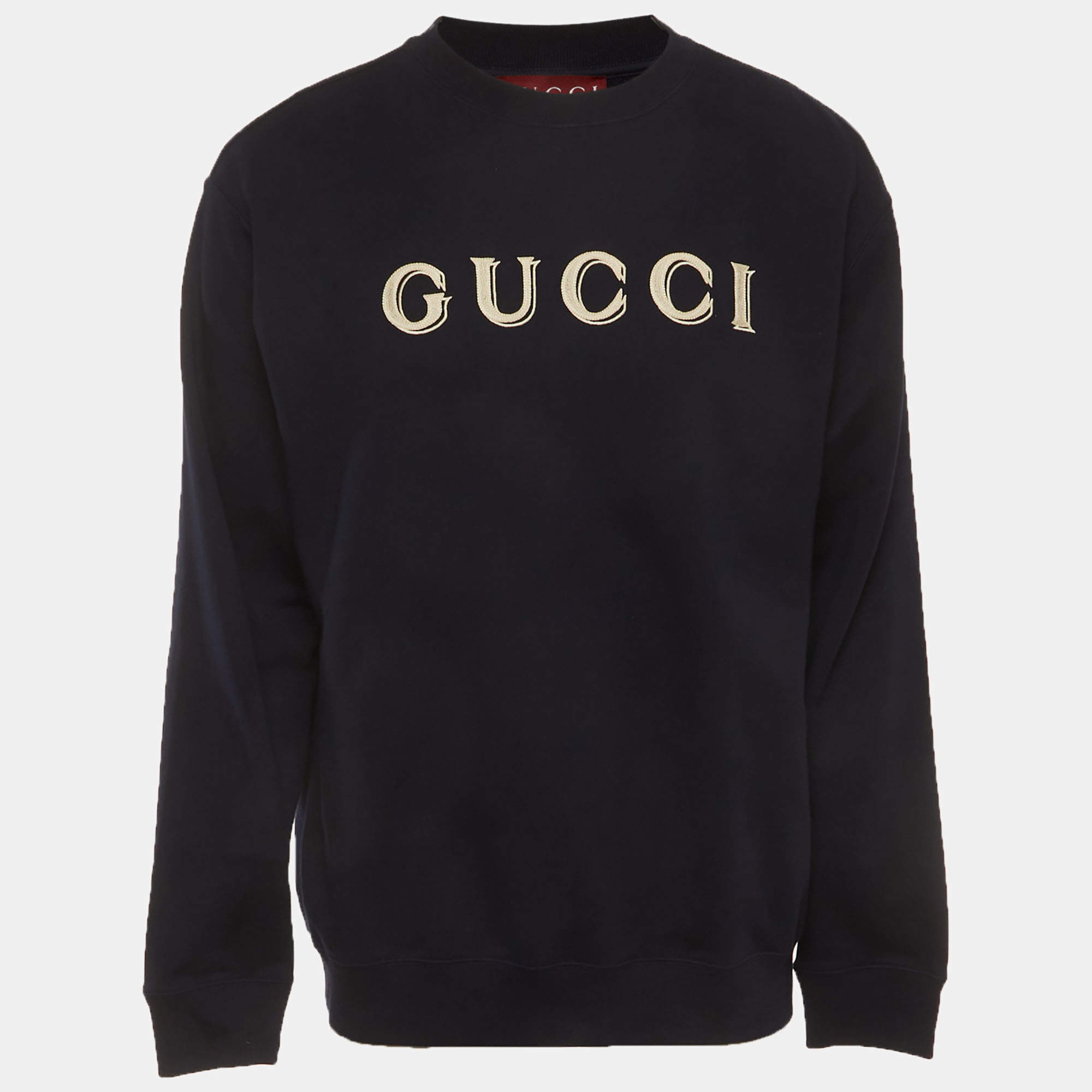 Pre Owned Gucci Navy Blue Embroidered Logo Detail Sweatshirt L
