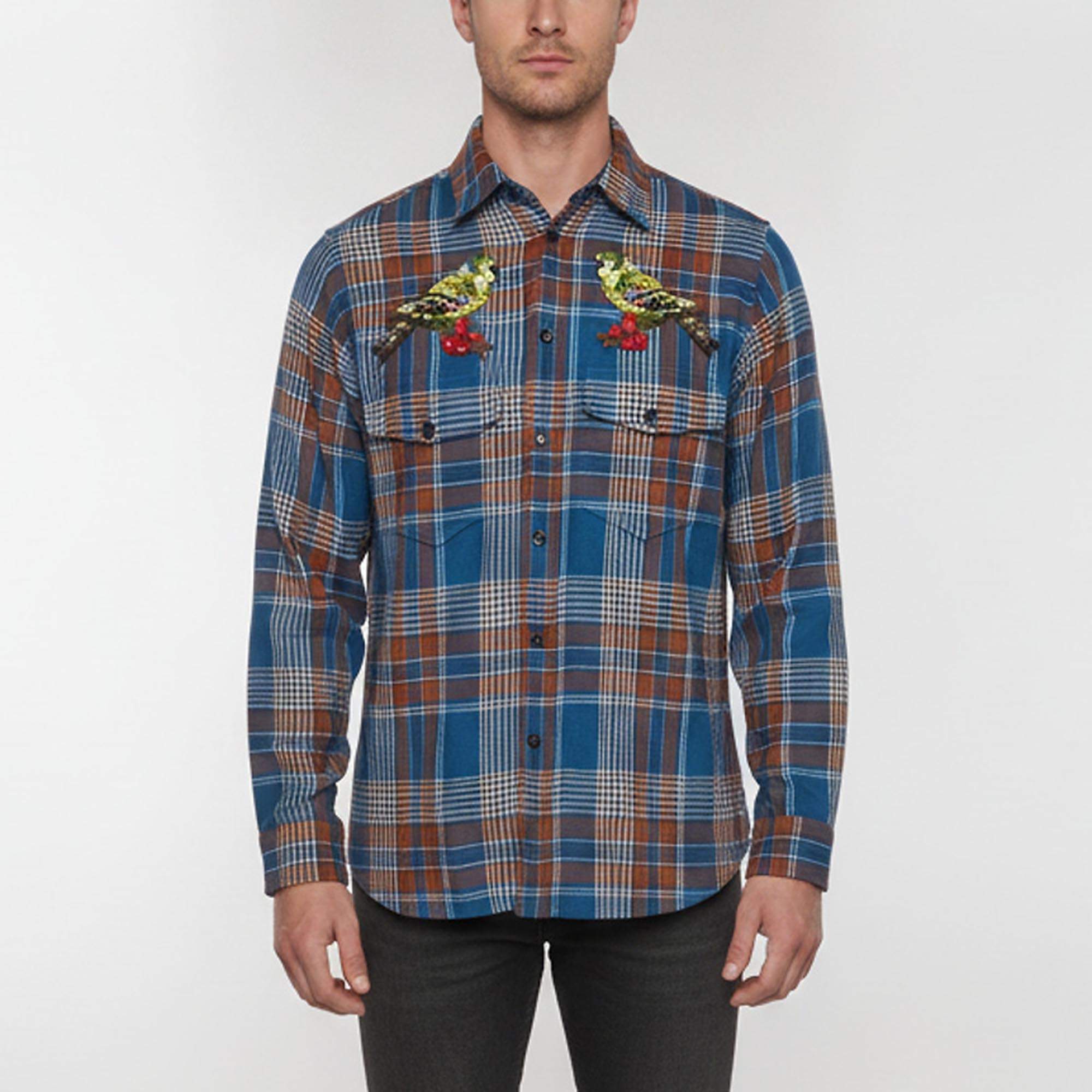 Pre Owned Gucci Blue Bird Embroidery Plaid Wool Blend Flannel Shirt XS