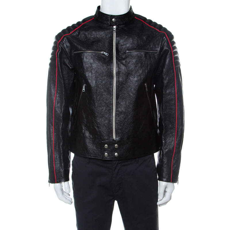 Pre Owned Gucci Black Calf Leather Quilt Detail Zip Front Biker Jacket M