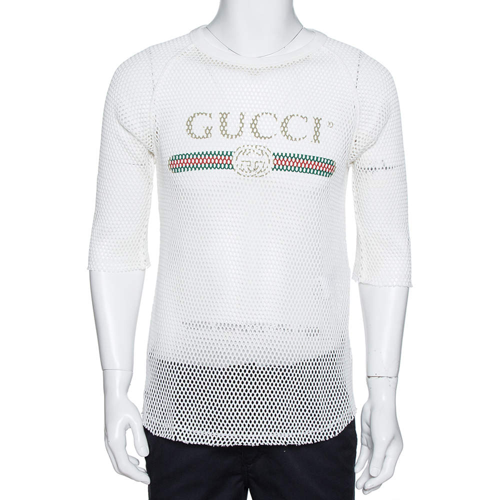 Gucci White Logo Print Cotton Mesh Raglan Sleeve T-Shirt XL