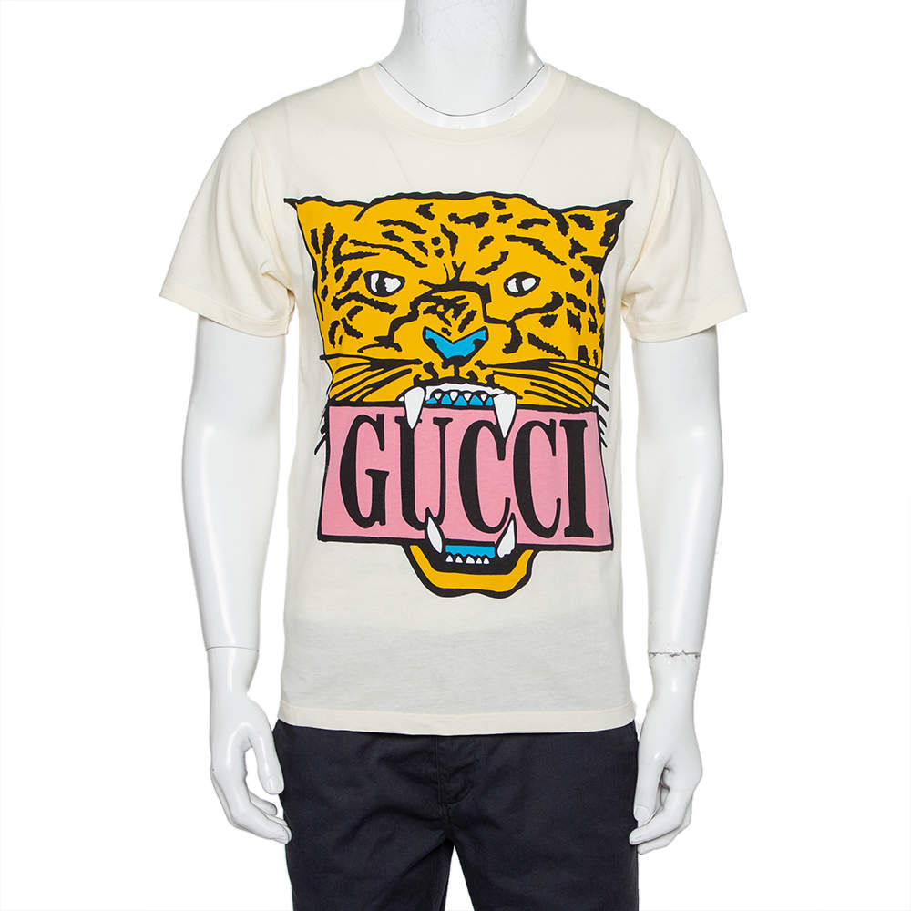 Pre Owned Gucci Cream Tiger Printed Cotton Crewneck T-Shirt XS