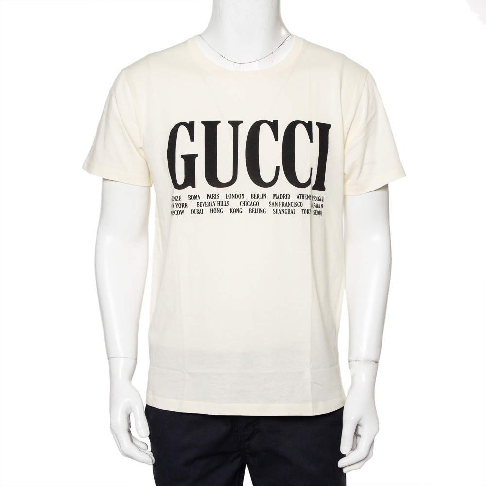 Gucci Cream Logo Cities Printed Cotton Crewneck T-Shirt S