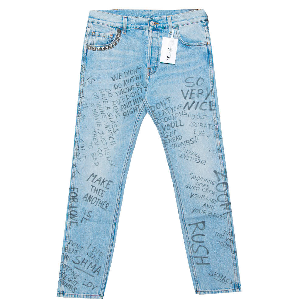 Gucci Blue Denim Rockstud Detail Printed Jeans S