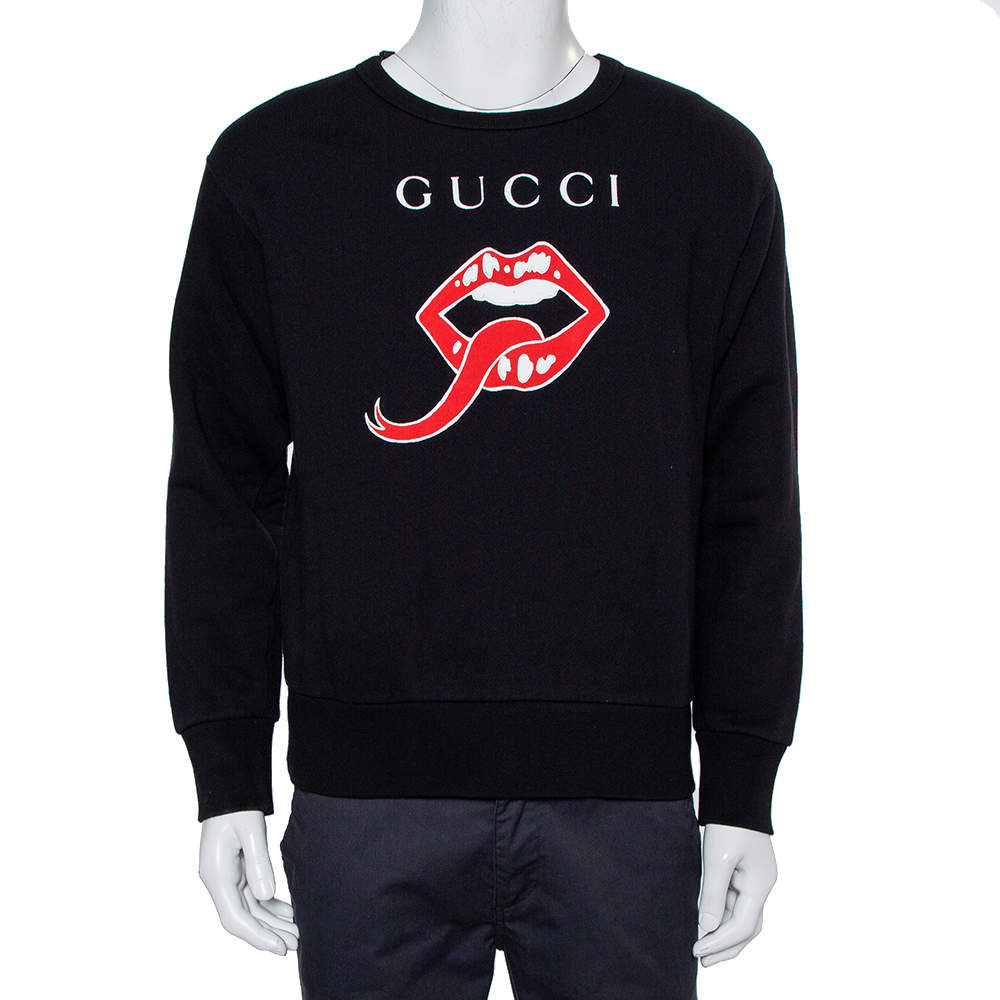 مملوكة مسبقًا Gucci Black Mouth Printed Cotton Oversized Crewneck Sweatshirt XS