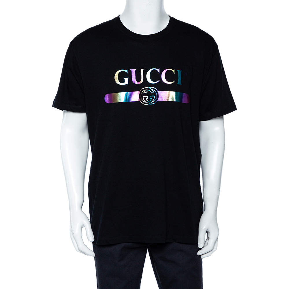 Pre Owned Gucci Black Logo Printed Cotton Oversized Crewneck T-Shirt L