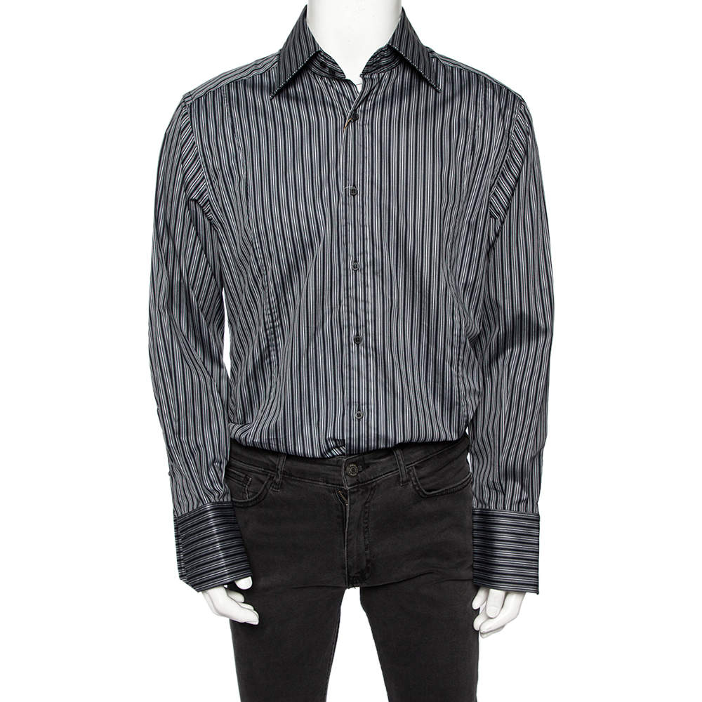 Pre Owned قميص غوتشي قطن مخطط رصاصي بقصة ضيقة مقاس كبير - لارج