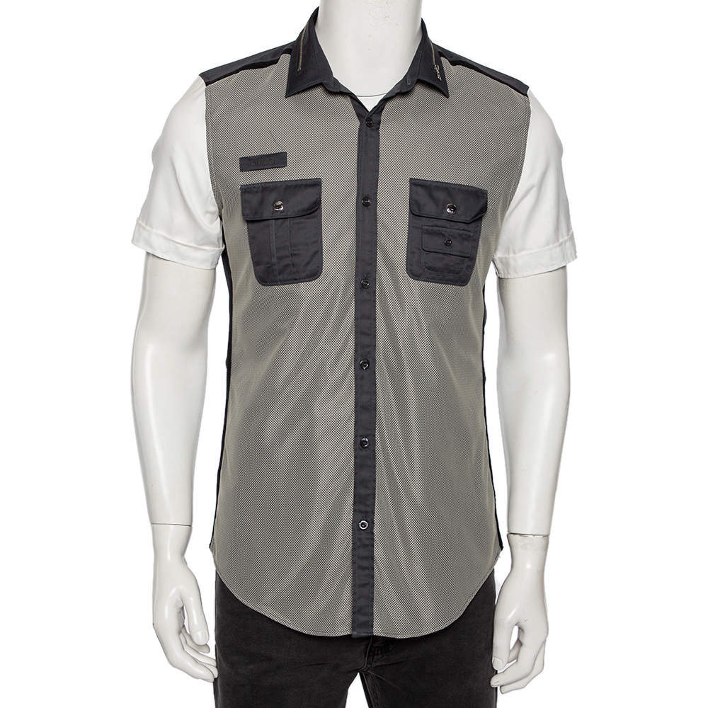 مملوكة مسبقًا قميص غوتشي سكيني فيت قطن وشبك ثلاثي اللون تفاصيل ياقة بسحاب بأكمام قصيرة متوسط - ميديوم (مقاس أوروبي 40)