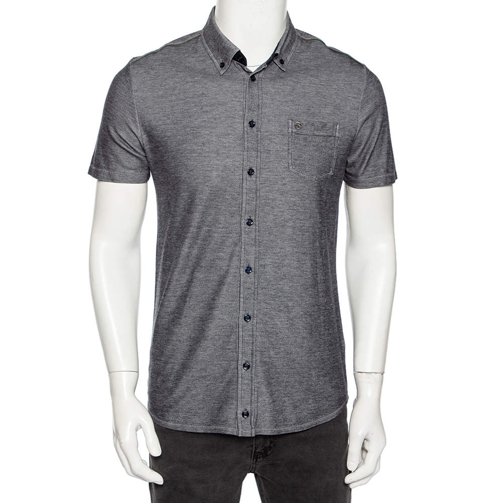 Gucci Grey Cotton Pique Shoulder Web Stripe Detail Short Sleeve Shirt M 