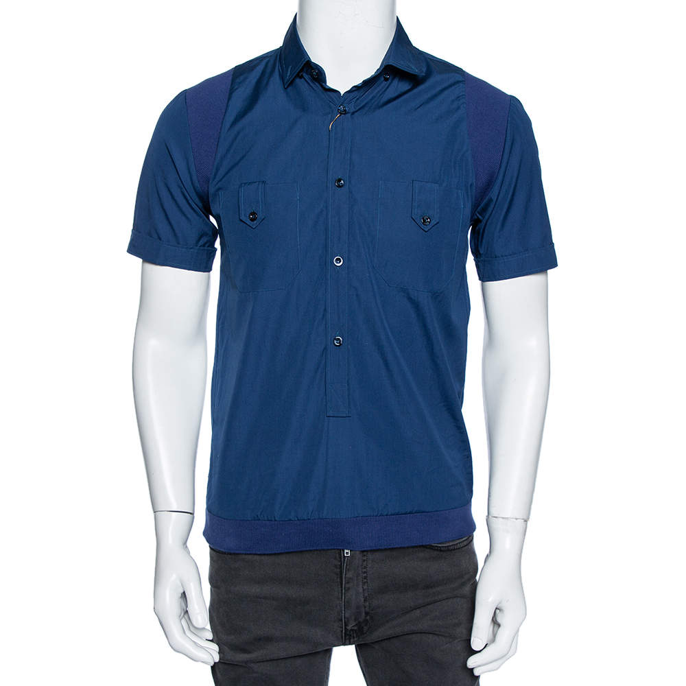 Pre Owned Gucci Blue Cotton & Ribbed Knit Trim Short Sleeve Shirt M 