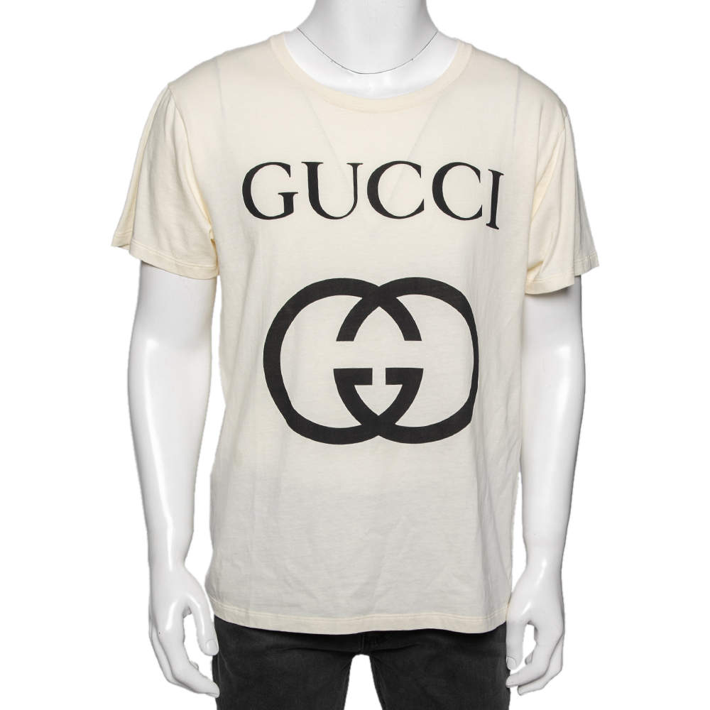 Pre Owned Gucci Cream Logo Printed Cotton Knit T-Shirt S