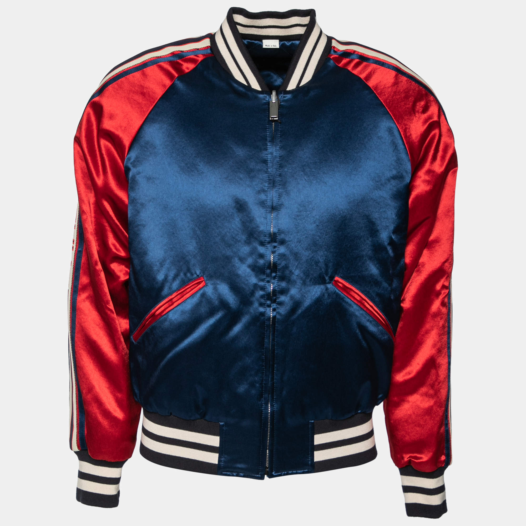 Gucci Blue & Red Satin & Knit Logo Trimmed Reversible Bomber Jacket M