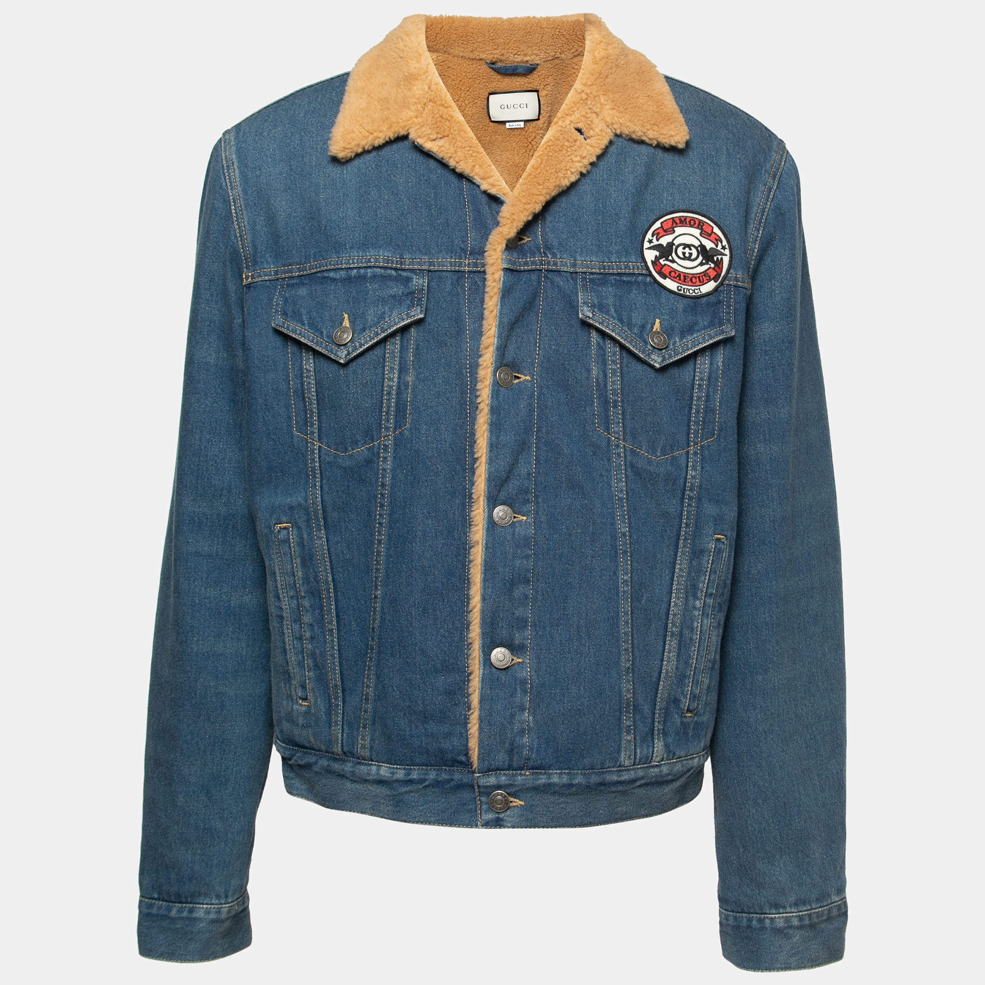 Gucci Blue Denim & Shearling Logo Patched Denim Jacket XL