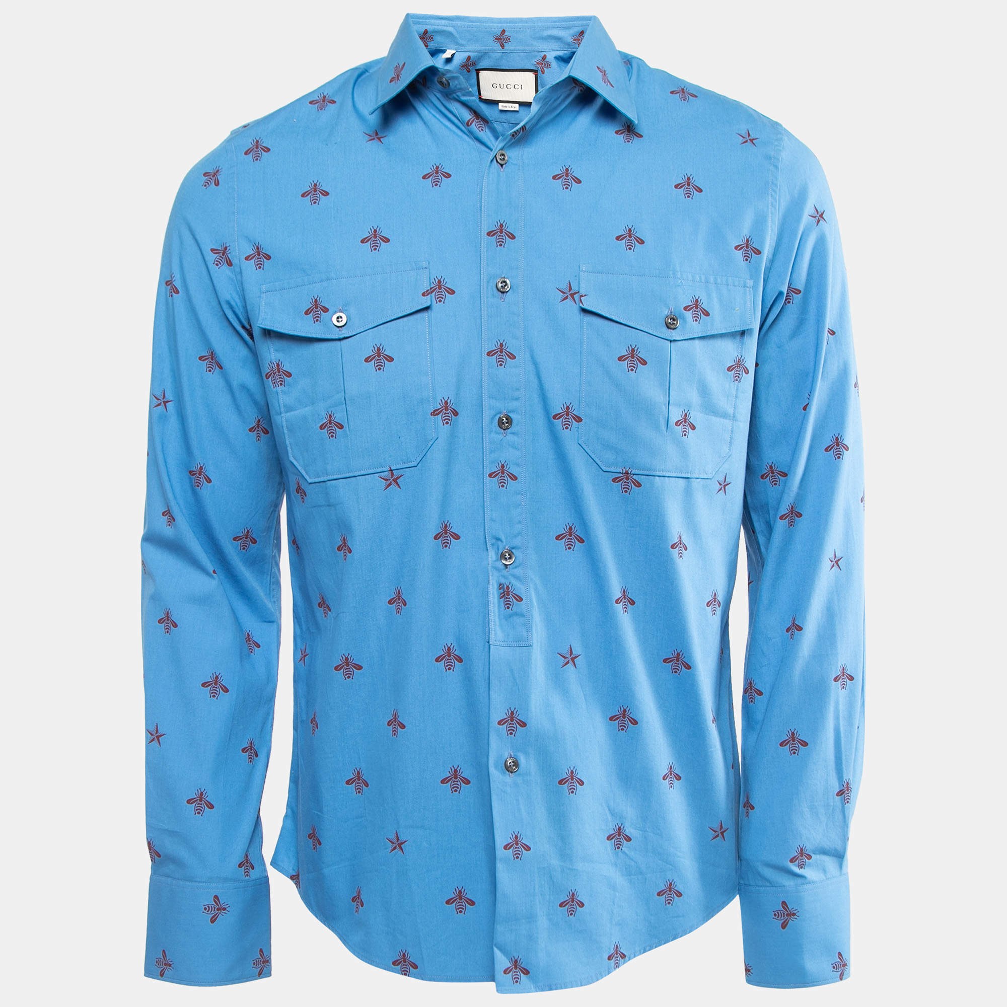 Gucci Blue Bee Star Print Cotton Duke Long Sleeve Shirt M