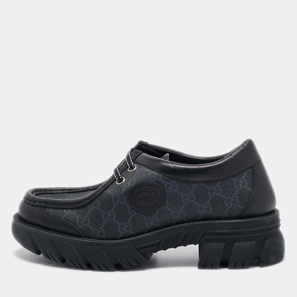 Gucci Black GG Supreme Canvas and Leather Retro Interlocking G Derby Size 44
