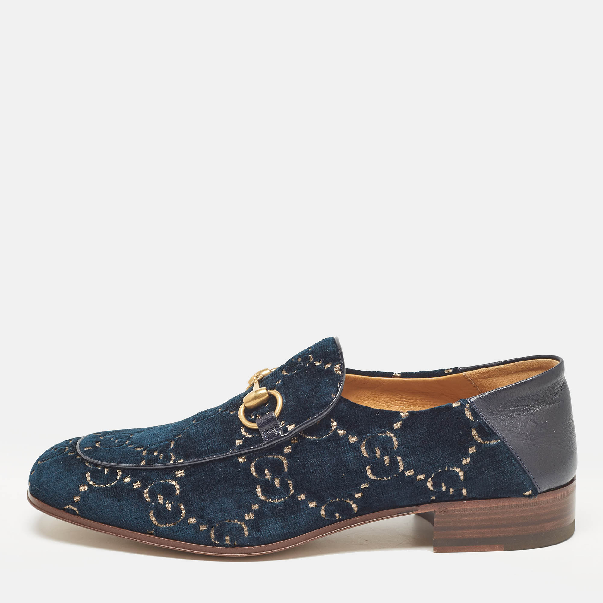 Pre Owned Gucci Green GG Velvet and Leather Horsebit Slip On Loafers 42.5