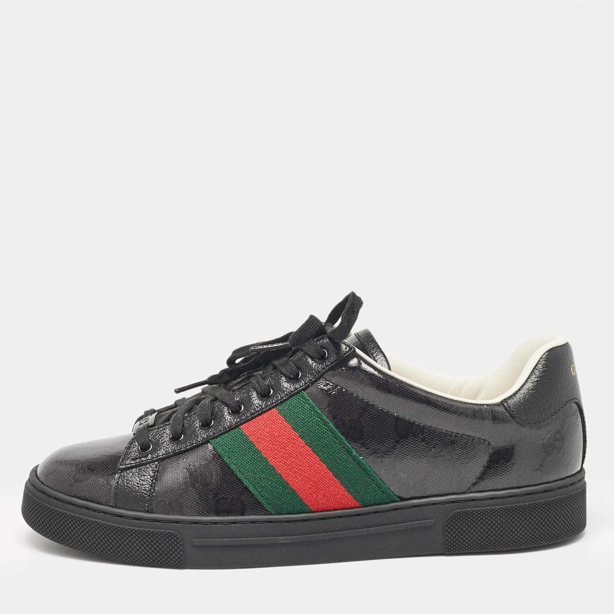 Pre Owned Gucci Black Patent and Leather Ace Lace Up Sneakers Size 41
