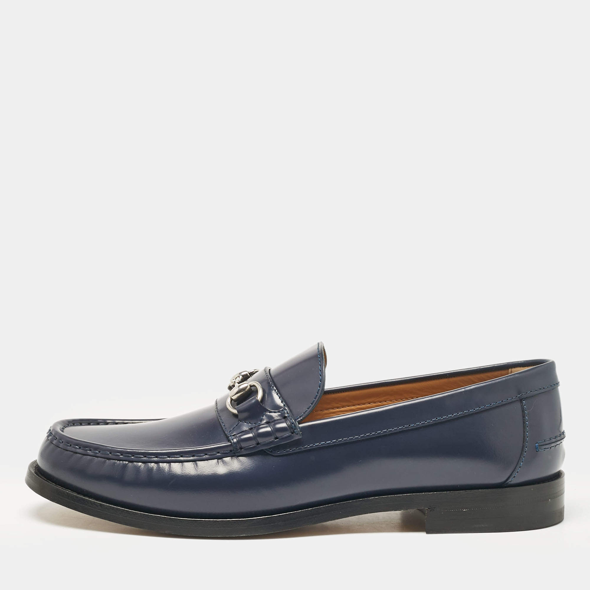 Pre Owned Gucci Dark Blue Leather Horsebit Loafers Size 48