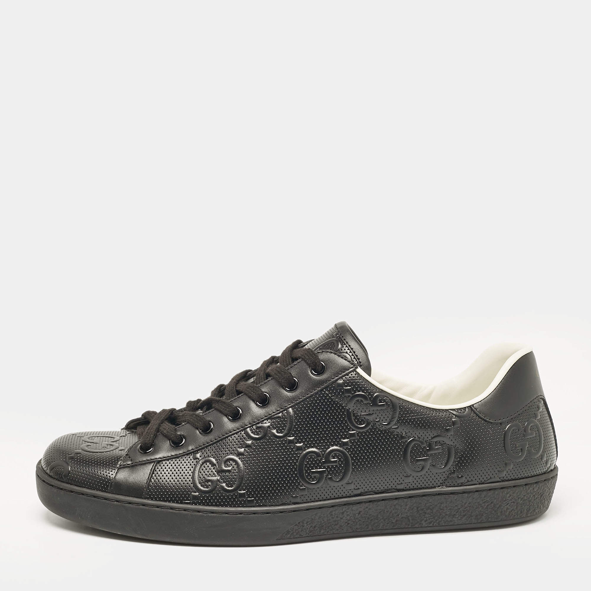 Pre Owned Gucci Black Leather GG Ace Low Top Sneakers Size 45.5