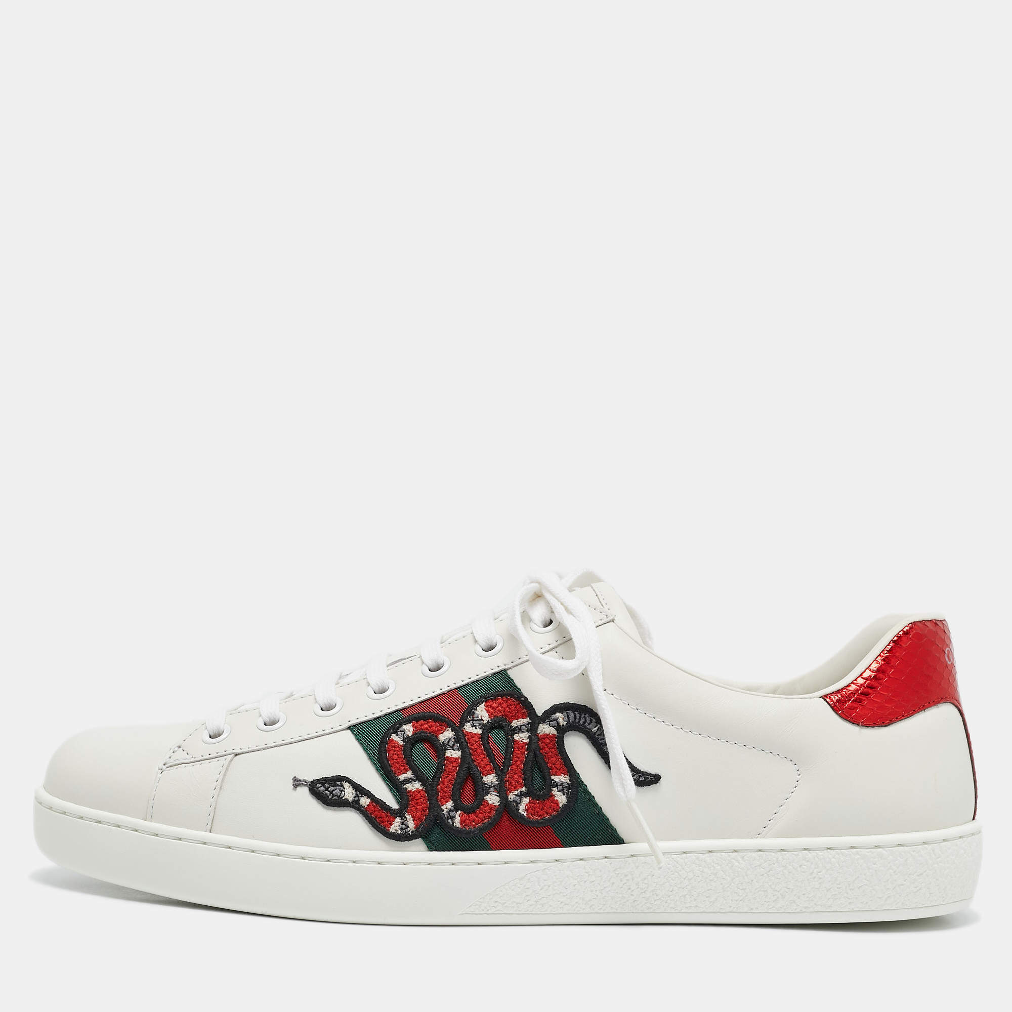 Pre Owned Gucci White Leather and Snakeskin Embossed Leather Ace Lace Up Sneakers Size 44