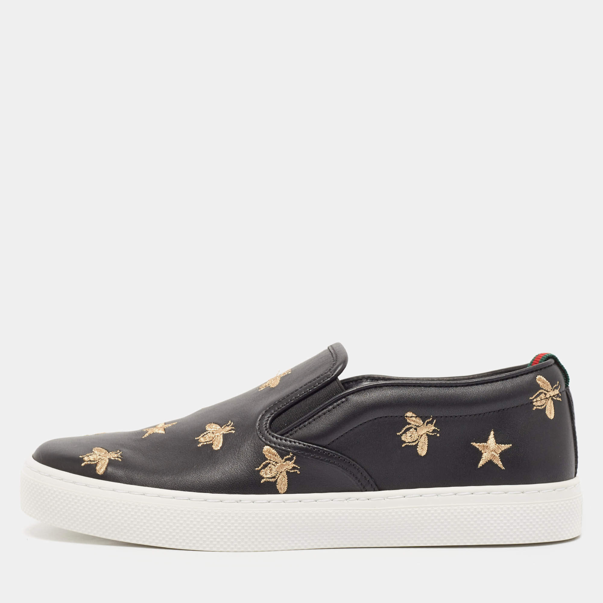 Gucci Black Leather Bees Slip On Sneakers Size 40