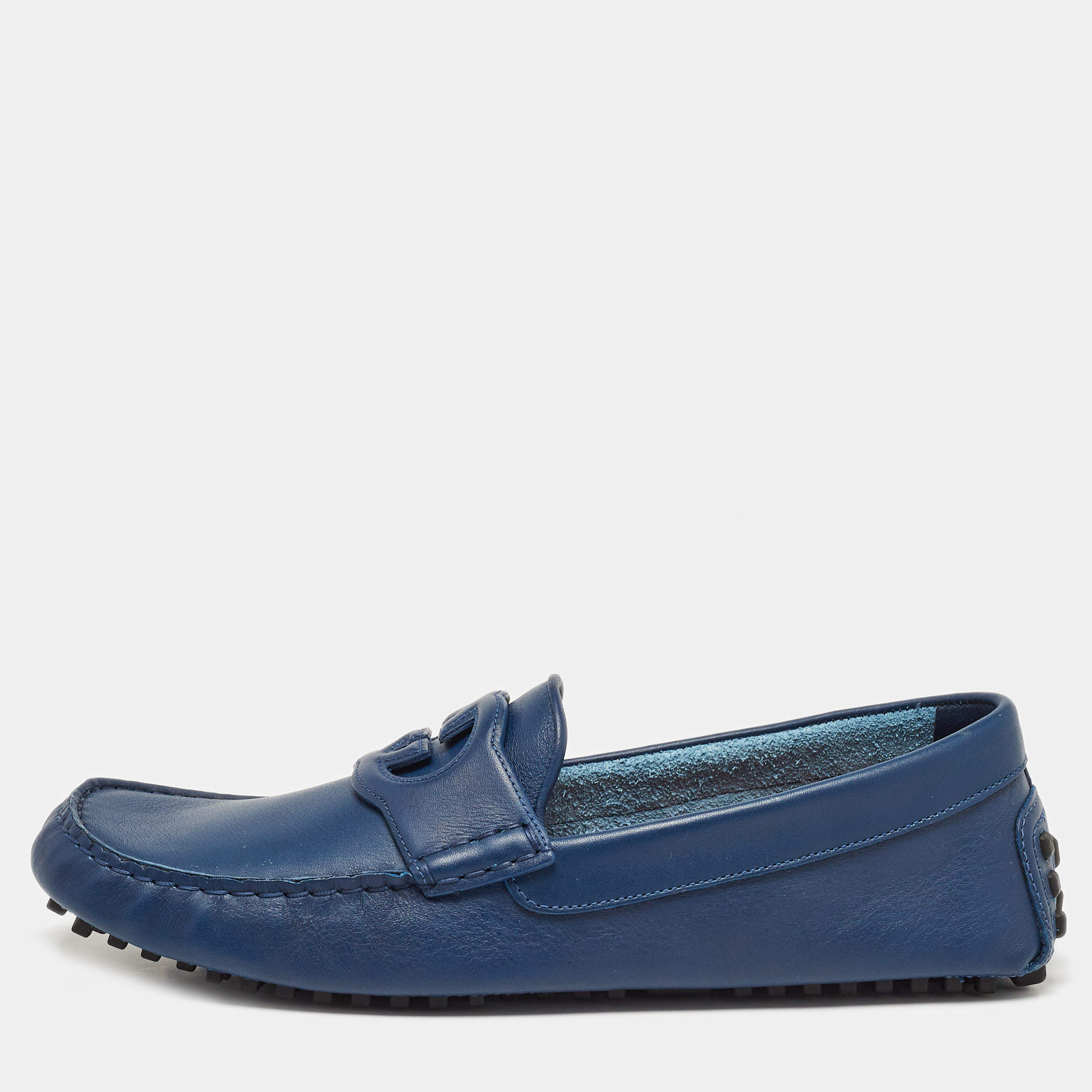 Gucci Blue Leather Interlocking G Loafers Size 43.5