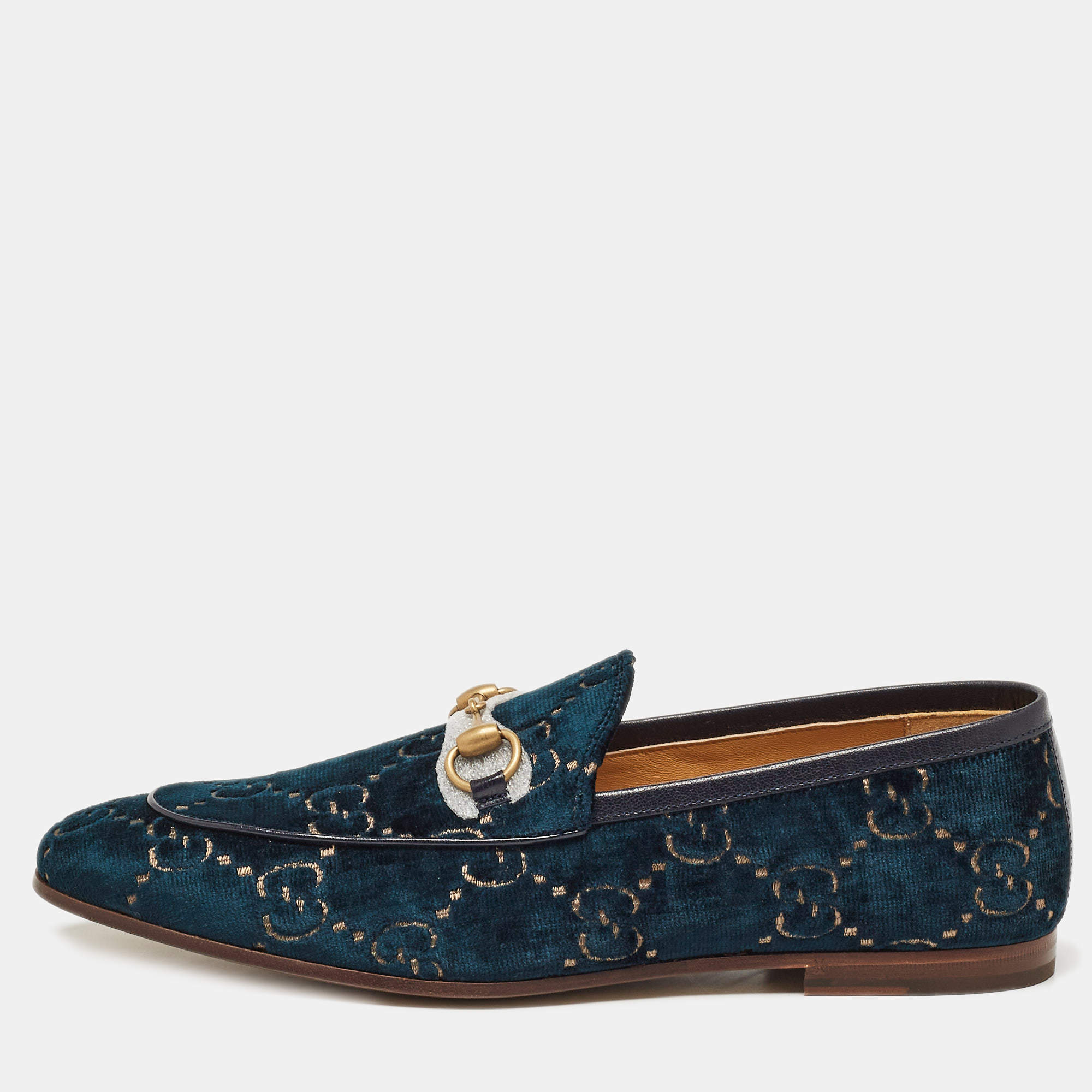 Pre Owned Gucci Blue GG Velvet Jordaan Loafers Size 43.5