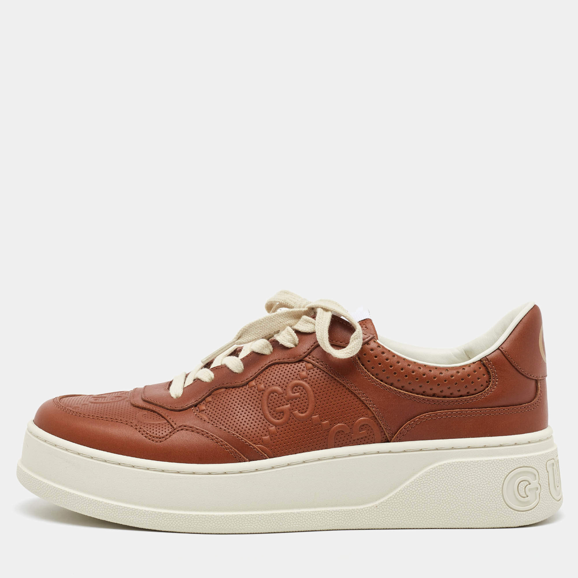 Pre Owned Gucci Brown Jumbo GG Embossed Leather Low Top Sneakers Size 43