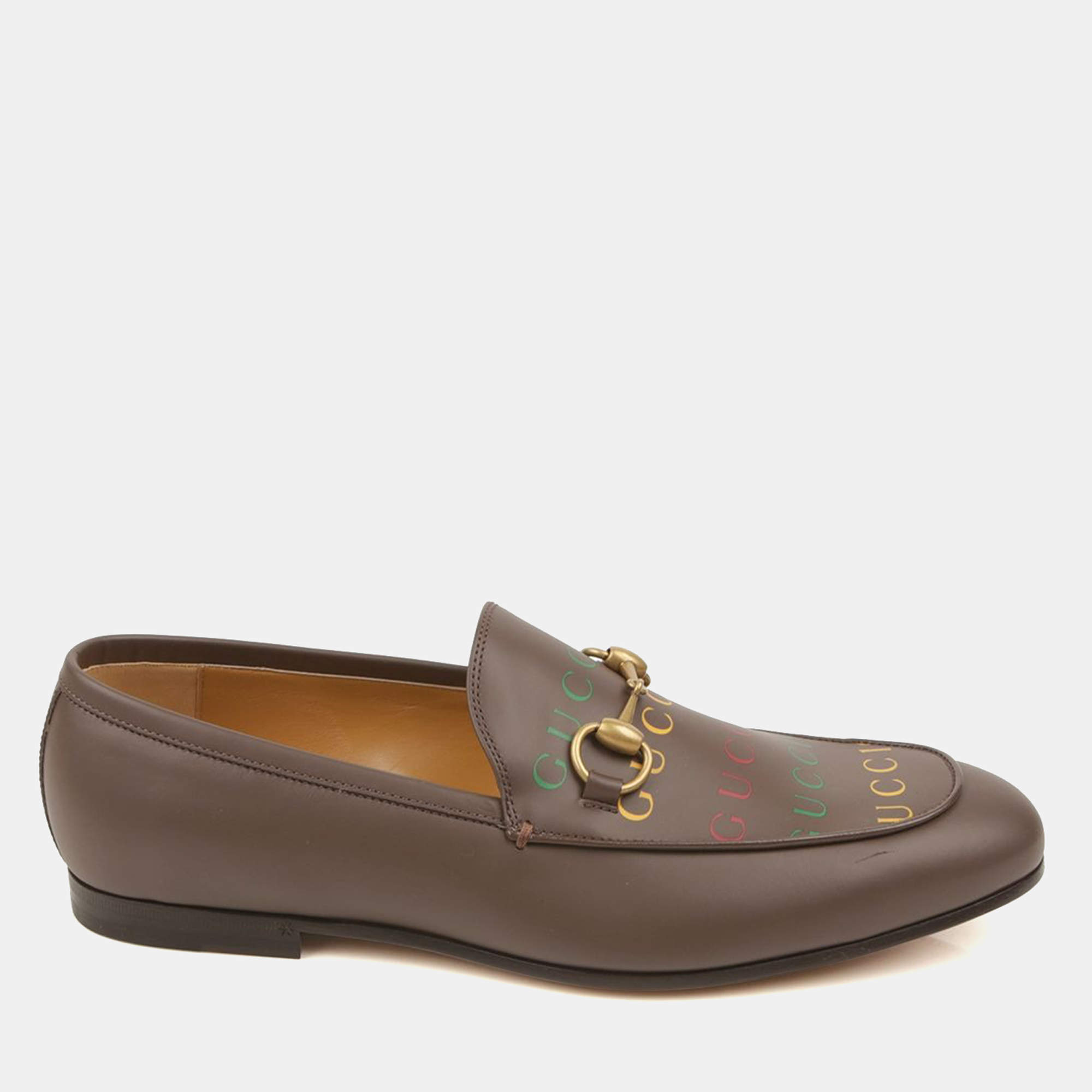 Gucci Brown Leather Logo Loafers Size 8