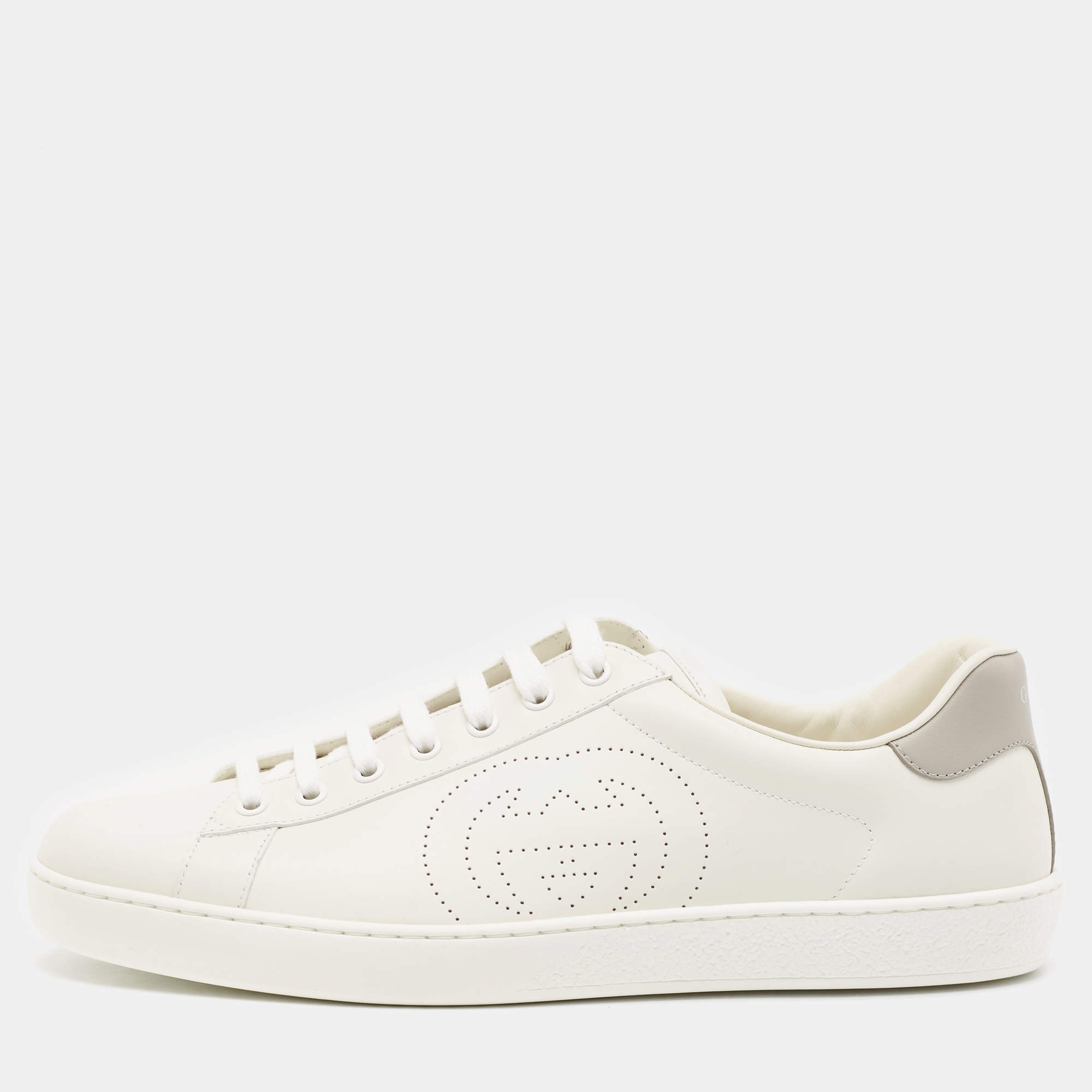 Pre Owned Gucci White/Grey Leather Perforated Interlocking G Ace Low Top Sneakers Size 44.5