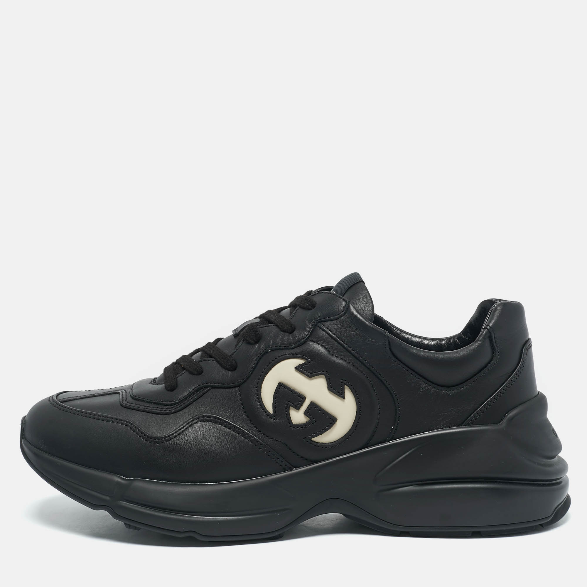 Gucci Black Leather Interlocking G Rhyton Sneakers Size 43.5