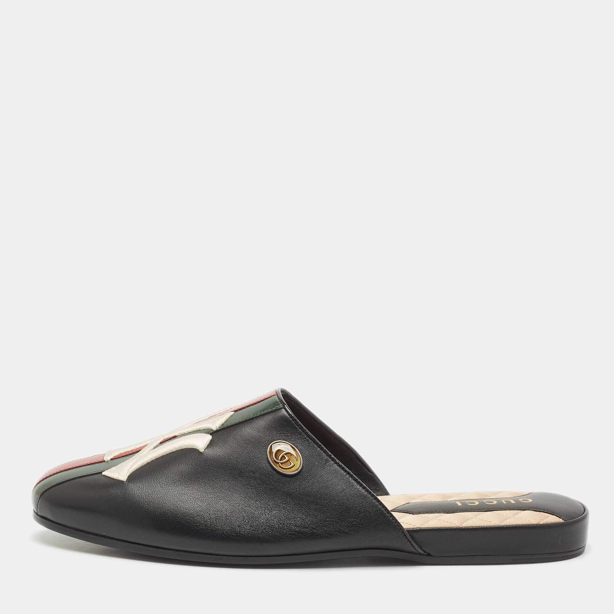 Pre Owned Gucci Black Leather NY Yankees Flat Mules Size 41
