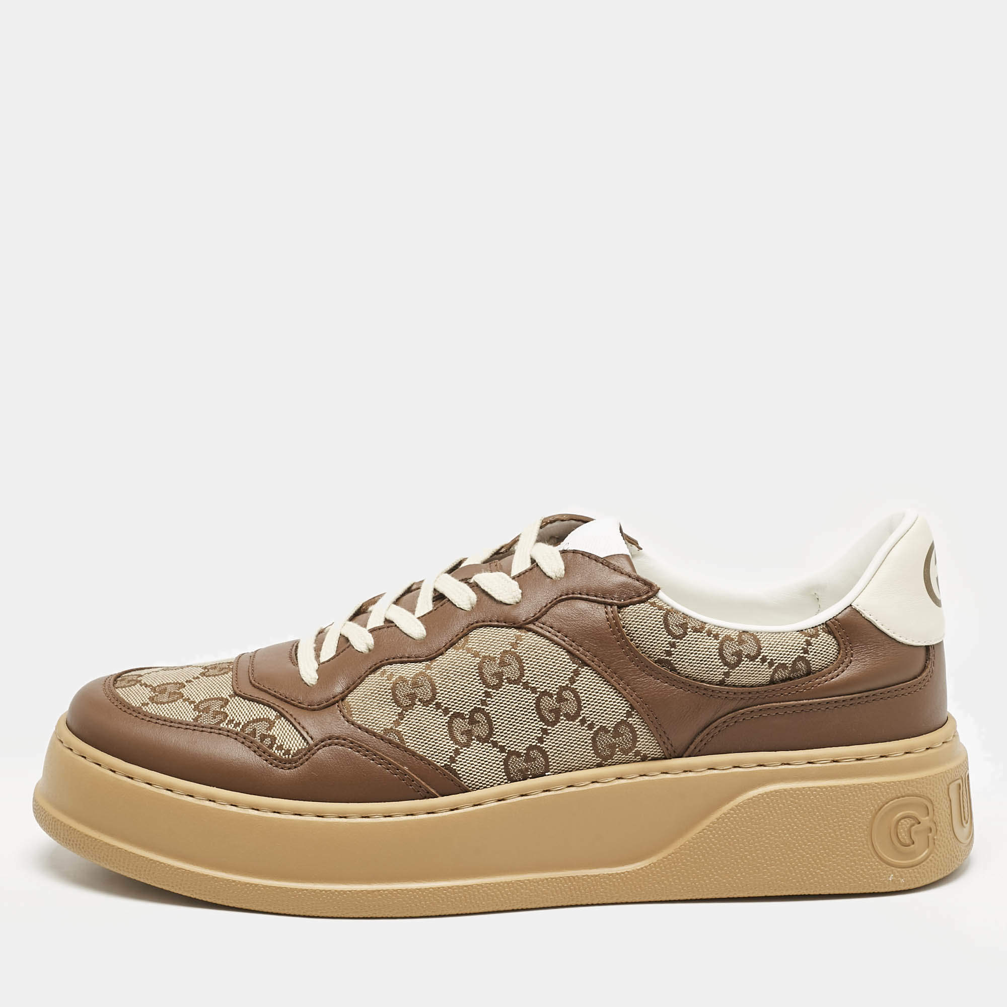 Gucci Brown/Beige GG Canvas and Leather Screener Low Top Sneakers Size 45.5