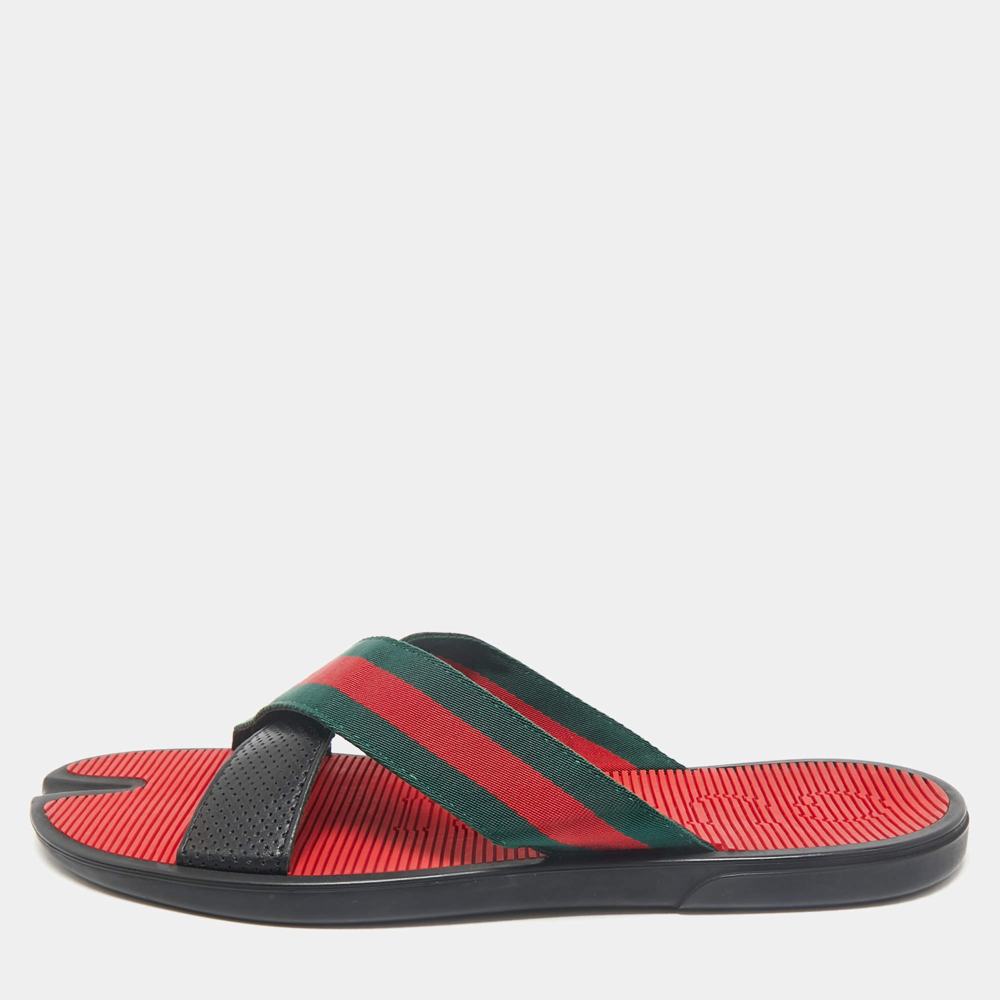 Gucci Black Leather And Web Tape Cross Strap Flat Slide Sandals Size 45