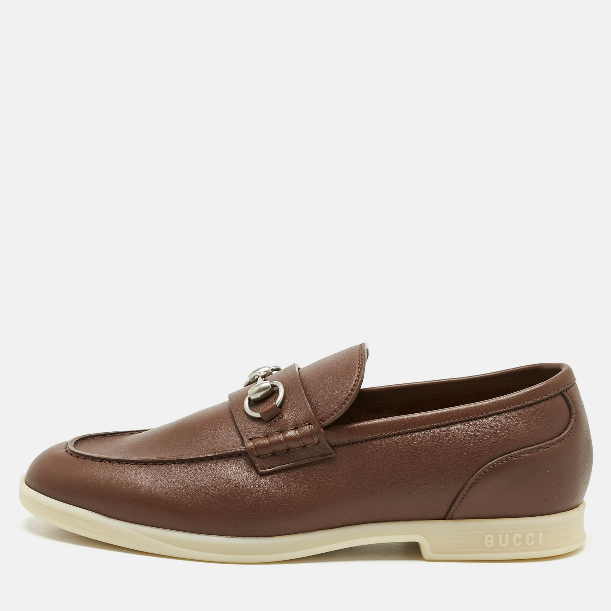 Pre Owned Gucci Brown Leather Horsebit Slip On Loafers Size 44.5